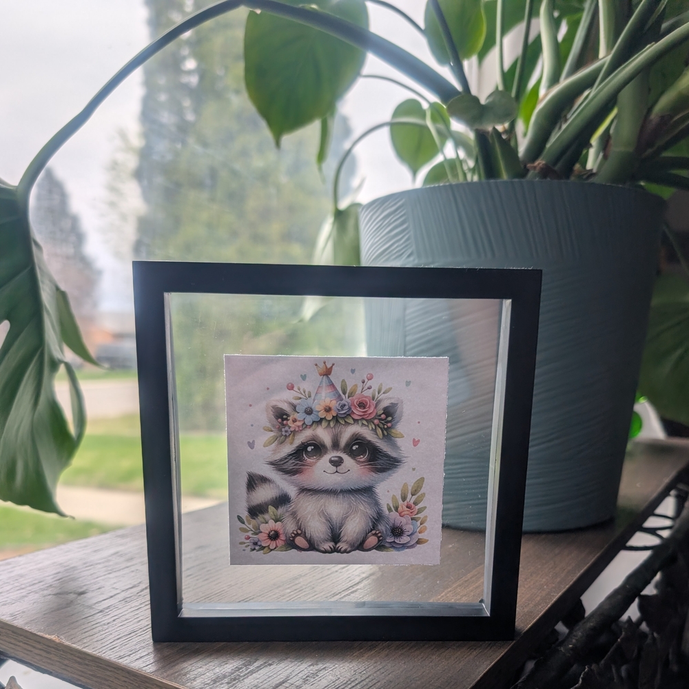 Nursery Art - Cute Baby Raccoon Floral Print in Black Floating Frame